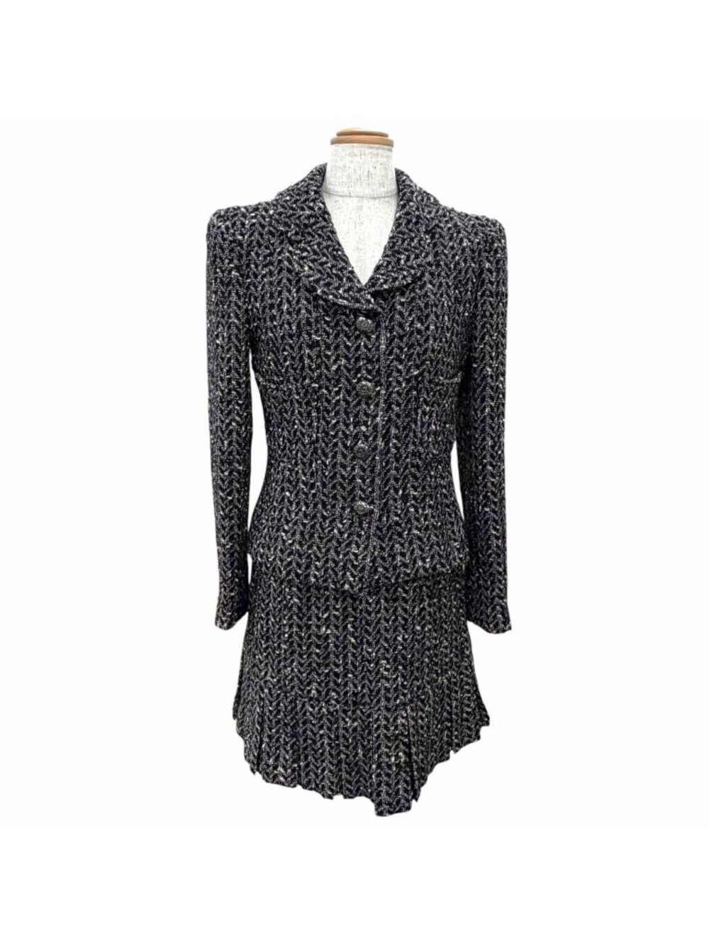 Chanel Vintage 97A Wool Coco Buttons Mixed Tweed Skirt Suit Set Black Total FR